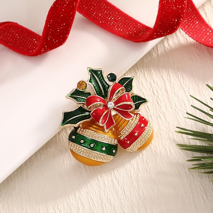 ONLYJUMP Christmas Bell Brooch Pins for Women Girls Lovely Crystal Christmass Tree Snowflake Bell Reindeer Snowman Brooches Colorful Xmas Enamel Pins Holiday Party Gift