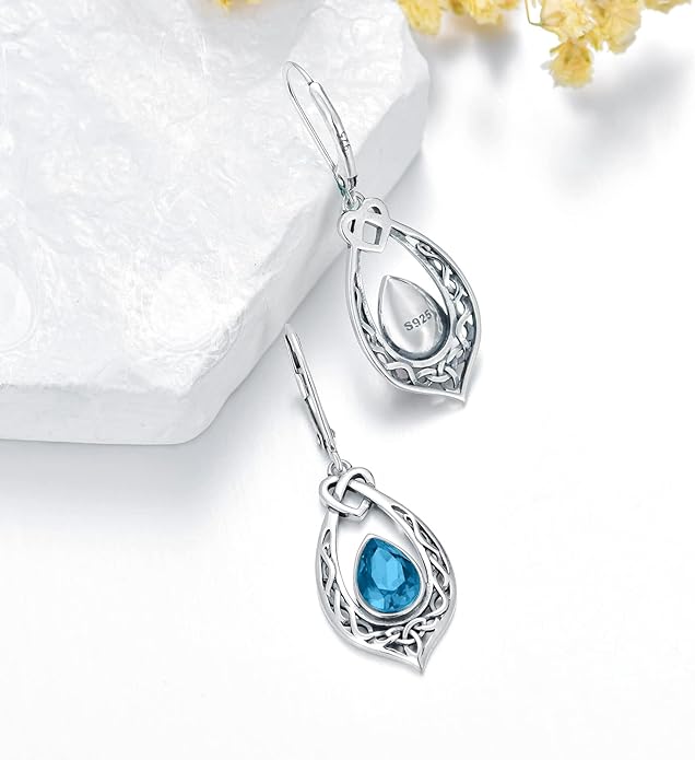 Celtic Knot Dangle Earrings 925 Sterling Silver Oxidized Vintage Drop Leverback Earrings with 8 * 6mm Simulated Birthstone Crystal Christmas Jewelry Gifts for Women (Gift Box)