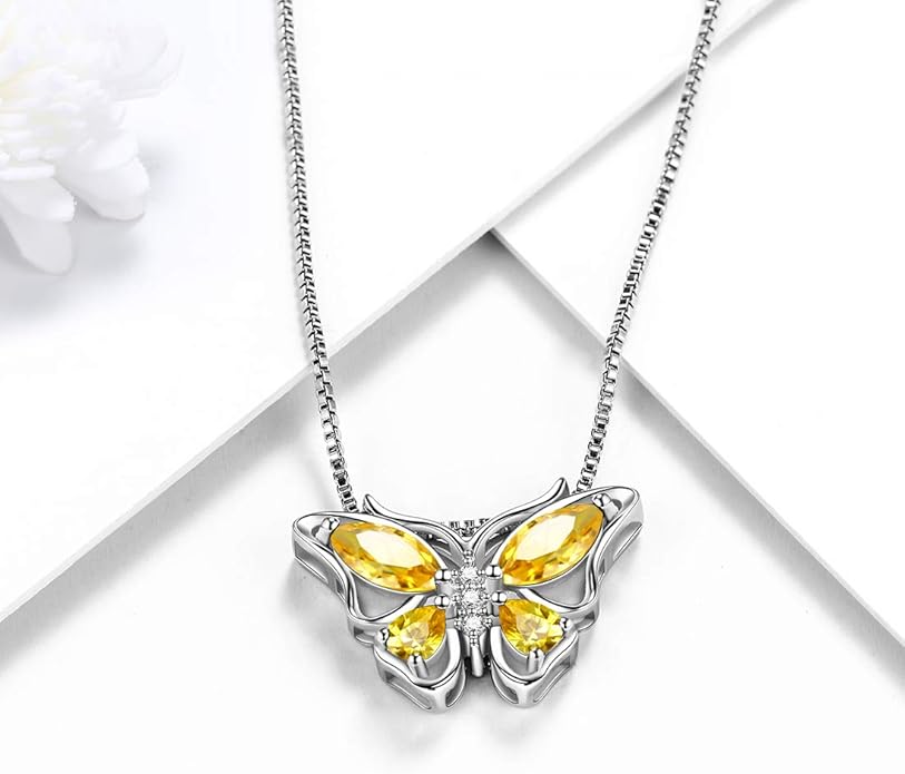 Aurora Tears Butterfly Birthstone Pendant Necklace - Women 925 Sterling Silver Butterflies Birthstone Pendant Necklace Jewelry Birthday Gift for Women