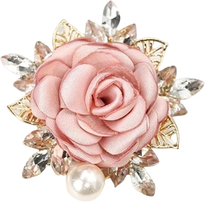 Rose Brooch for Women,Dainty Satin Fabric Flower Lapel Pins Vintage Elegant Pearl Brooches Handmade Crystal Pearl Pins Silk Camellia Safety Collar Pin Dress Suit Accessories Wedding Bridal Bouquet Jewelry