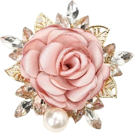 Rose Brooch for Women,Dainty Satin Fabric Flower Lapel Pins Vintage Elegant Pearl Brooches Handmade Crystal Pearl Pins Silk Camellia Safety Collar Pin Dress Suit Accessories Wedding Bridal Bouquet Jewelry