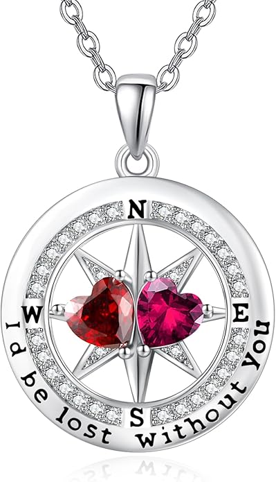 Compass Birthstones Necklace for Women, Exquisite Anniversary Birthday Gifts for Wife Her Double Birthstone Pendant jewelry ‘I'd be Lost Without You’