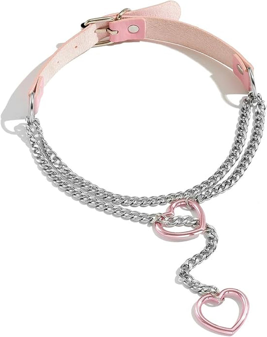 Leather Choker Slip Chain Necklace Stainless Steel Cuban Link Long Necklaces Gothic Punk Heart Chain Necklace Handmade Collars for Women