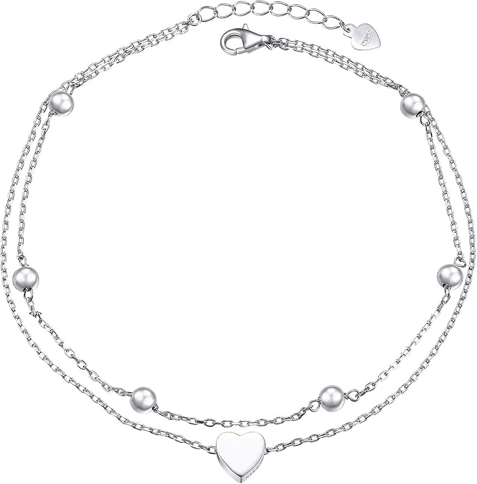 FLYOW Anklet for Women S925 Sterling Silver Adjustable Foot Beaded Heart Charm Ankle Bracelet Anklets Jewelry