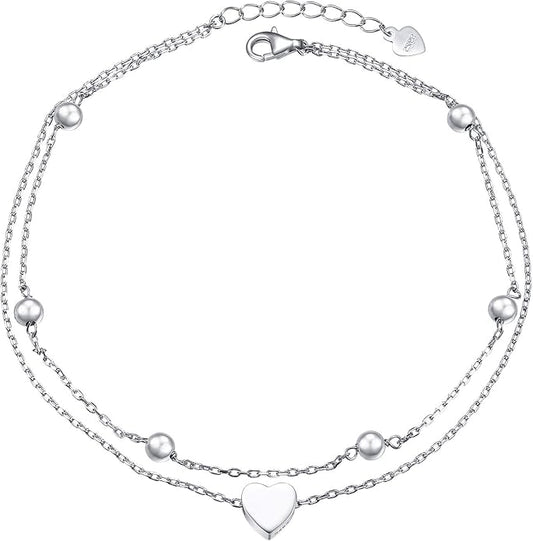 FLYOW Anklet for Women S925 Sterling Silver Adjustable Foot Beaded Heart Charm Ankle Bracelet Anklets Jewelry