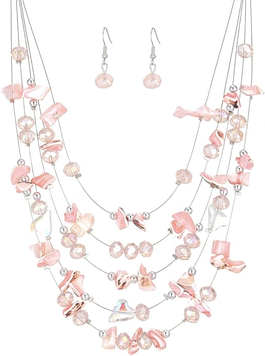 Multi-Layer Boho Shell Beaded Necklace for Women Colorful Crystal Strand with Silver Beads Statement Collars Necklace and Earrings Costumes Jewelry Sets for Women