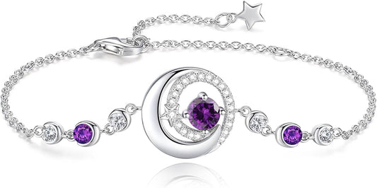 FANCIME Birthstone Bracelets 925 Sterling Silver Moon and Star Bangle Charm Bracelet Fine Jewelry Birthday Anniversary Christmas Day Gift for Her Women, Adjustable Chain 6.7"+1.2" Extend