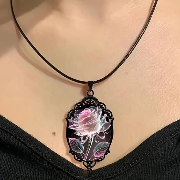 Gothic Rose Glass Necklace for Women Vintage Satan Demon Pendant Halloween Roses Necklaces Dark Punk Style Necklace Victoria Emboss Necklaces Mystic Witch Jewelry Gift Accessories