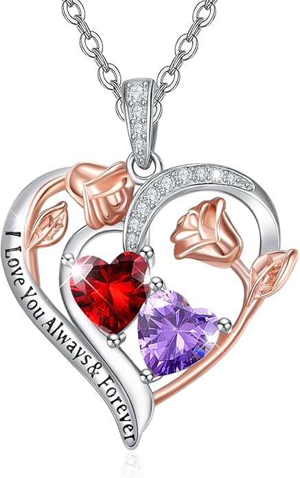 Zeuslia Double Birthstone Necklace Gifts for Wife - 925 Sterling Silver Sunflower/Rose/Crown Cross/Compass/Heart Pendant I Love You Necklace, Anniversary Birthday Gifts for Wife Girlfriend Mom Her