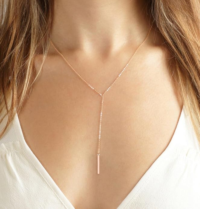 Metzakka Sterling Silver Lariat Necklace, Chic Minimalist Drop Bar Y Chain Necklace for Women