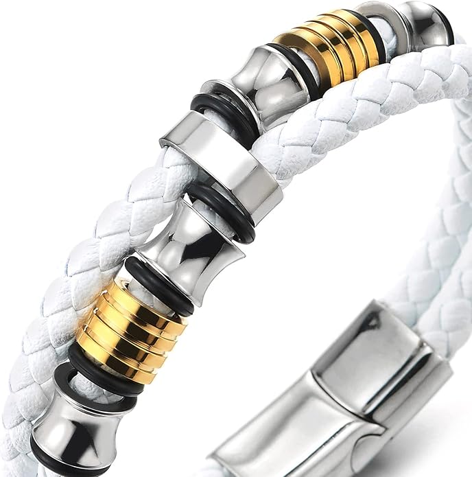 COOLSTEELANDBEYOND Mens Double-Row Braided Leather Bracelet Bangle Wristband with Stainless Steel Ornaments