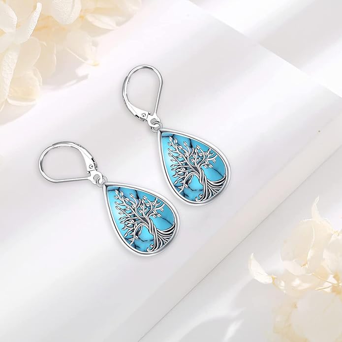 Sterling Silver Tree of Life/Flower/Bee/Animals/Cat/Hummingbird Dangle Earrings Moonstone Turquoise Drop Leverback Earrings Jewelry Gifts