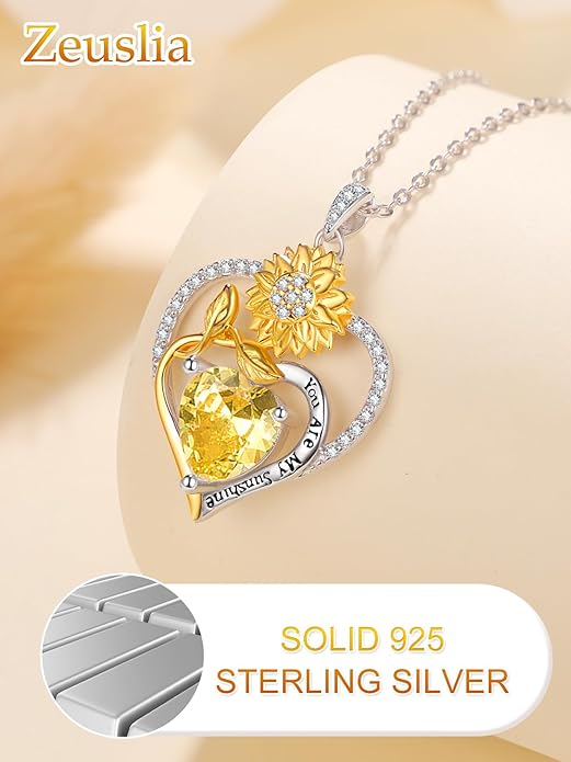 Zeuslia Double Birthstone Necklace Gifts for Wife - 925 Sterling Silver Sunflower/Rose/Crown Cross/Compass/Heart Pendant I Love You Necklace, Anniversary Birthday Gifts for Wife Girlfriend Mom Her