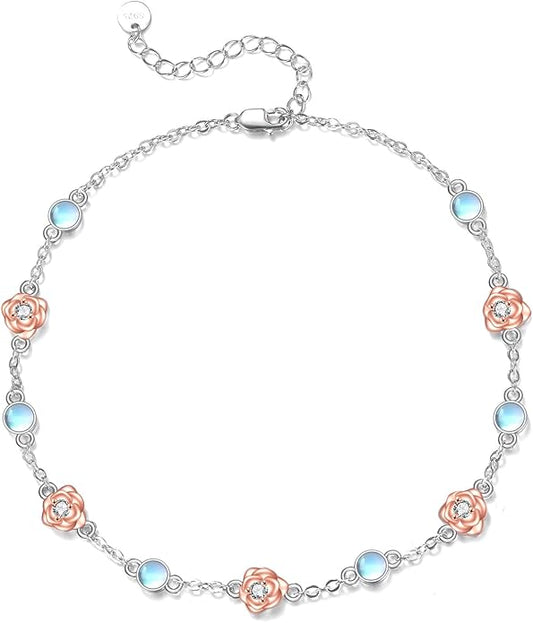 CRMAD 925 Sterling Silver Daisy/Sunflower Moonstone Anklet Daisy Flower Ankle Bracelet for Women Beach Dainty Jewelry