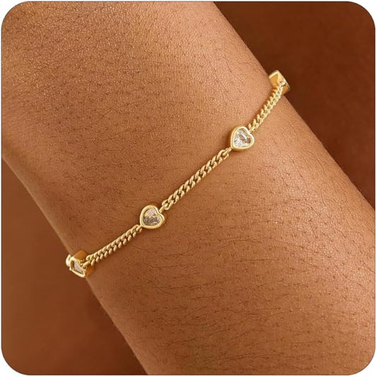 Gold Bracelets for Women,14K Dainty Gold Plated Bracelets Non Tarnish Waterproof Diamond Bracelets Heart Flower Round Square CZ Charm Bracelet Trendy Stuff Jewelry Gifts for Her