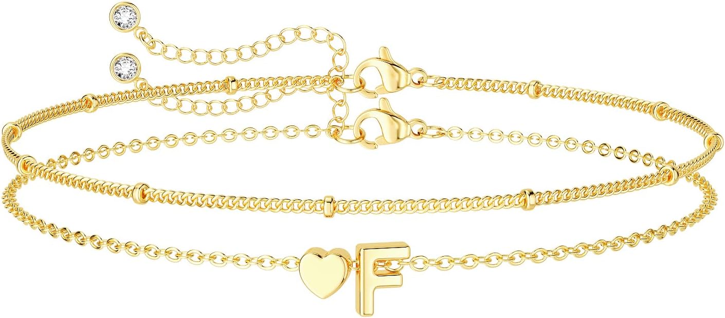 DEARMAY Dainty Initial Heart 14K Gold Plated Bracelets for Women Trendy, Letter Charm Bracelet Jewelry Cute Simple Fashion Chain Gift