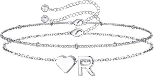 M MOOHAM Christmas Gifts for Grandkids Teens Girls -14K-Gold-Plated Heart Initial Bracelets for Women Girl Dainty Gold Bracelets Birthday Gift Stocking Stuffers for Women Teenage Girls Kids Gifts