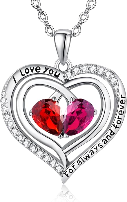 Zeuslia Double Birthstone Necklace Gifts for Wife - 925 Sterling Silver Sunflower/Rose/Crown Cross/Compass/Heart Pendant I Love You Necklace, Anniversary Birthday Gifts for Wife Girlfriend Mom Her