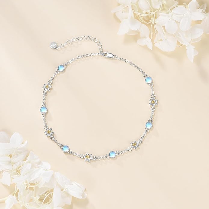 CRMAD 925 Sterling Silver Daisy/Sunflower Moonstone Anklet Daisy Flower Ankle Bracelet for Women Beach Dainty Jewelry