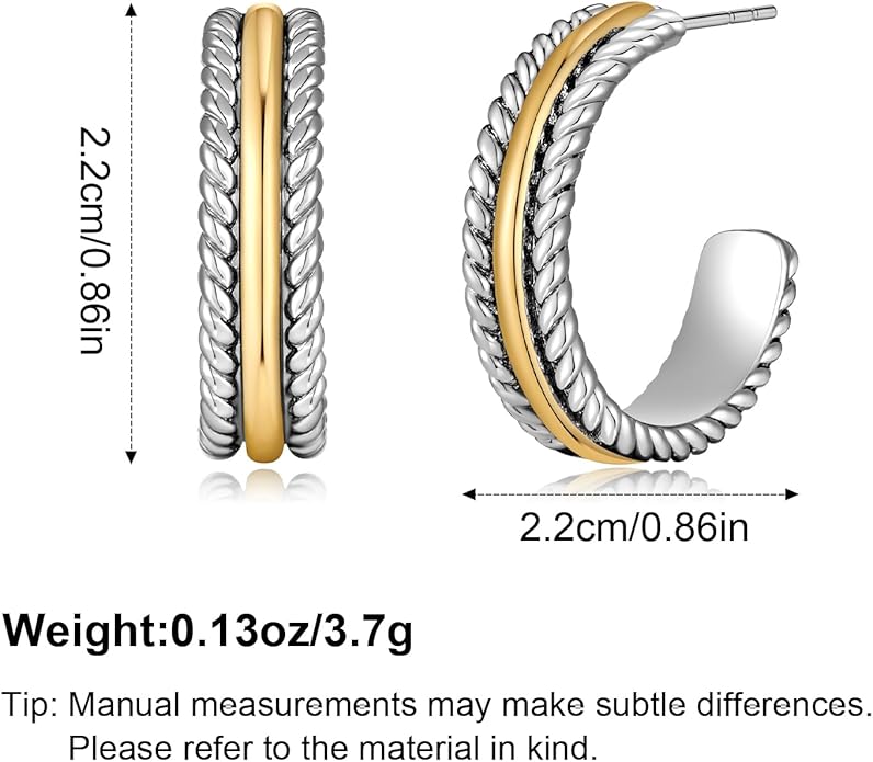 Twisted Cable Hoop Earrings Two Toned Earrings for Women Open C Hoops Chic Mixed Metal Jewelry