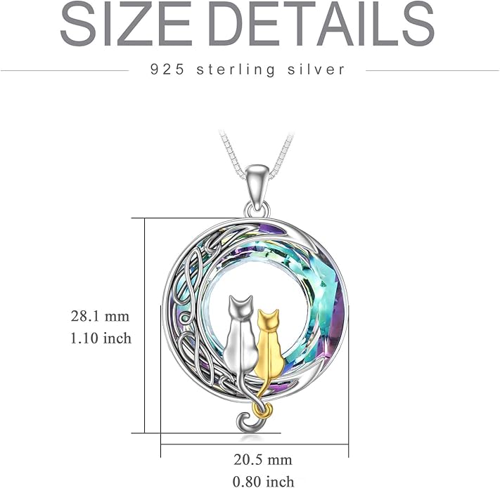 TOUPOP Christmas Cat Gifts for Cats Lovers One Two Three Four Cats Necklace Sterling Silver Cats on the Moon Pendant Necklace with Blue Circle Crystal Birthday Christmas Celtic Jewelry Gifts for Women