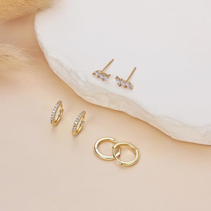 Freekiss 3 Pairs Gold Hoop Earrings Set: Dainty Stud Earrings Trendy Small 14K Gold Plated Hypoallergenic Dangle Cartilage Huggie Hoop Earrings for Women Gold Jewelry for Women Gifts