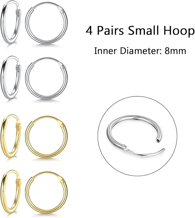 Silver Hoop Earrings- Cartilage Earring Small Hoop Earrings for Women Men,4 Pairs of Hypoallergenic 925 Sterling Silver Tragus Earrings