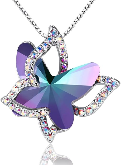 Gift Butterfly Birthstone Crystal Necklace, Silver Tone with 18”+2” Chain, Necklace for Mother’s Day Anniversary Birthday Gifts for Women and Daughter
