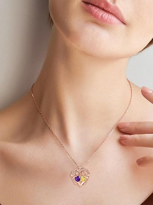 Rose Gold Necklaces for Women Double Birthstone Rose Flower Heart Pendant Necklace Jewelry Anniversary Christmas Valentine's Mother's Day Birthday Gift for Wife Mom Her Girlfriend Sister