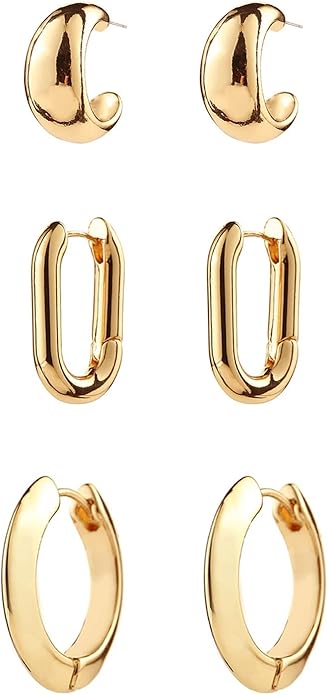 14K Gold Plated Hoop Earrings for Women, Hypoallergenic Chunky Gold Plating Hoop Earrings Multipack, Lightweight Twisted Huggie Hoops Earring Set Jewelry for Gifts