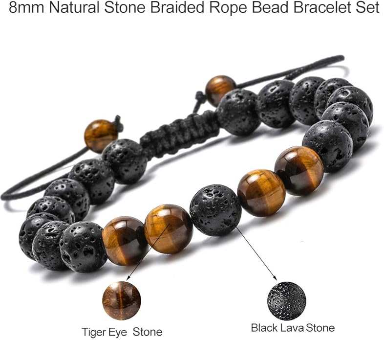 M MOOHAM Natural Stone Bracelets for Men - 8mm Tiger Eye, Matte Agate, Lava Rock - Teen Boys Gifts for Birthday, Anniversary, Christmas