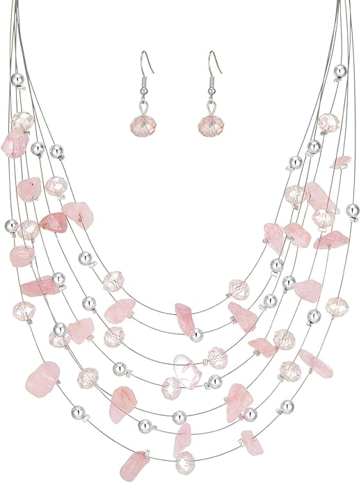 Multi-Layer Boho Shell Beaded Necklace for Women Colorful Crystal Strand with Silver Beads Statement Collars Necklace and Earrings Costumes Jewelry Sets for Women