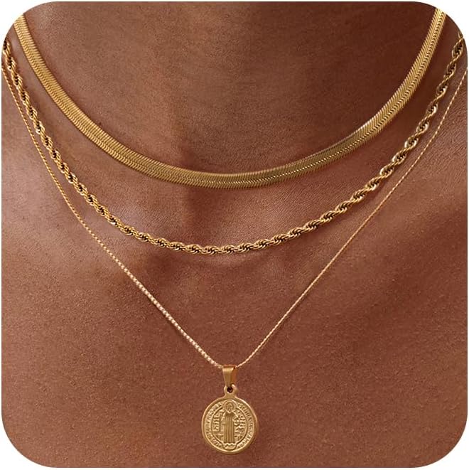 Gold/Silver Layered Necklaces for Women,Dainty 14k Gold Plated Stackable Choker Necklaces for Women,Trendy Layering Coin Chain Pendant Jewelry Set Gifts