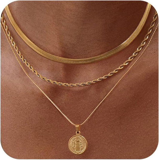 Gold/Silver Layered Necklaces for Women,Dainty 14k Gold Plated Stackable Choker Necklaces for Women,Trendy Layering Coin Chain Pendant Jewelry Set Gifts