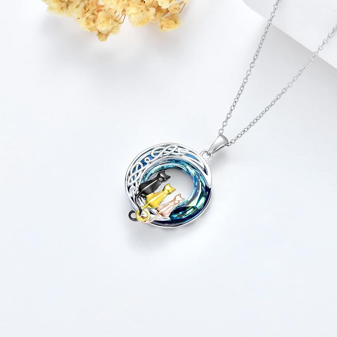 TOUPOP Christmas Cat Gifts for Cats Lovers One Two Three Four Cats Necklace Sterling Silver Cats on the Moon Pendant Necklace with Blue Circle Crystal Birthday Christmas Celtic Jewelry Gifts for Women