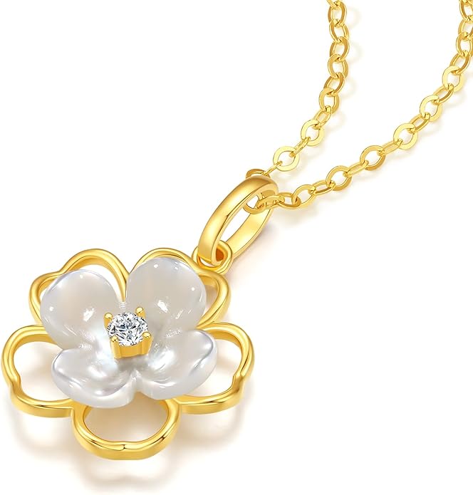 ZHOU LIU FU 18K Gold Hollow Floral Pendant with Mother of Pearl and Diamond Accents Delicate Jewelry Wedding for Bridge (Not Include Necklace) J0411914