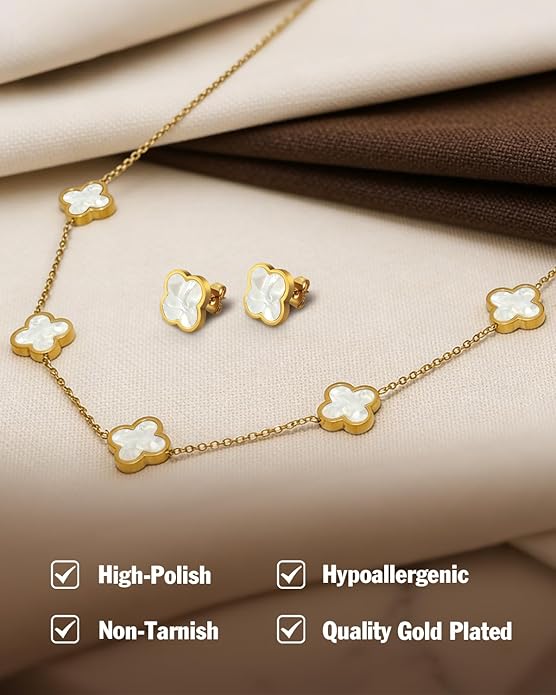 Aimétte Monette 18K Gold Plated Jewelry Set Clover Necklace Stud Earrings for Women Hypoallergenic Lucky Clover Pendant Necklace Gold Bracelets for Women Gifts