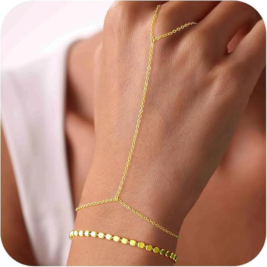 Yoosteel Hand Chain Bracelet for Women - Dainty 14K-Gold-Plated Finger Ring Hand Chains Layered Trendy Link Bracelets Jewelry Gifts for Women