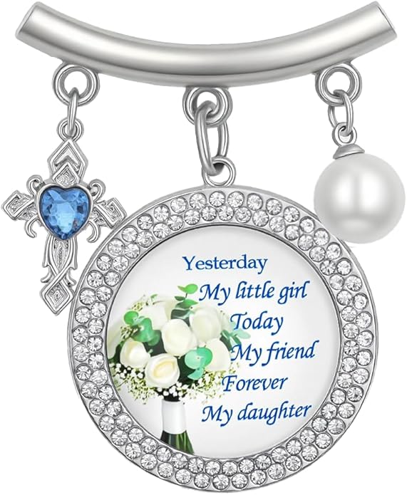 Wedding Bridal Pin, Something Blue Silver Crystal Brooch with Blue Heart Charm, Pearl Accent and Sentimental Message for Mother of Bride Gift