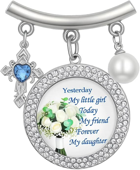 Wedding Bridal Pin, Something Blue Silver Crystal Brooch with Blue Heart Charm, Pearl Accent and Sentimental Message for Mother of Bride Gift