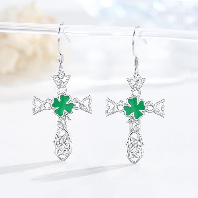 JUSTKIDSTOY St Patricks Day Earrings Gifts 925 Sterling Silver Four Leaf Clover Shamrock Earrings Irish Jewelry for Women Girls