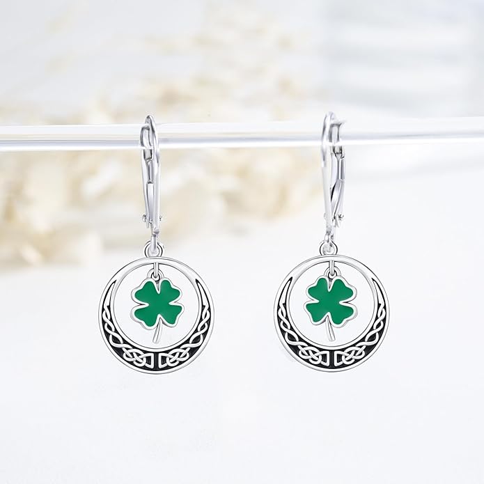 JUSTKIDSTOY St Patricks Day Earrings Gifts 925 Sterling Silver Four Leaf Clover Shamrock Earrings Irish Jewelry for Women Girls