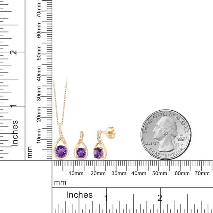 Gem Stone King 18K Yellow Gold Plated Silver Round Gemstone Birthstone and Diamond Pendant Earrings Jewelry Set For Women | Round 6MM and 5MM | With 18 Inch Chain