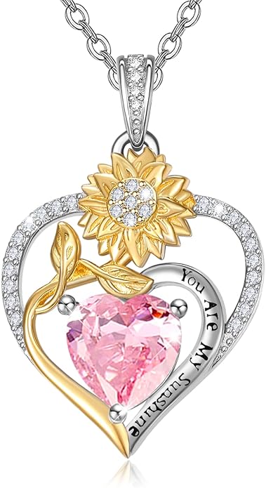 Zeuslia Double Birthstone Necklace Gifts for Wife - 925 Sterling Silver Sunflower/Rose/Crown Cross/Compass/Heart Pendant I Love You Necklace, Anniversary Birthday Gifts for Wife Girlfriend Mom Her