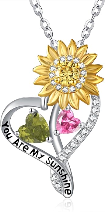 Zeuslia Double Birthstone Necklace Gifts for Wife - 925 Sterling Silver Sunflower/Rose/Crown Cross/Compass/Heart Pendant I Love You Necklace, Anniversary Birthday Gifts for Wife Girlfriend Mom Her