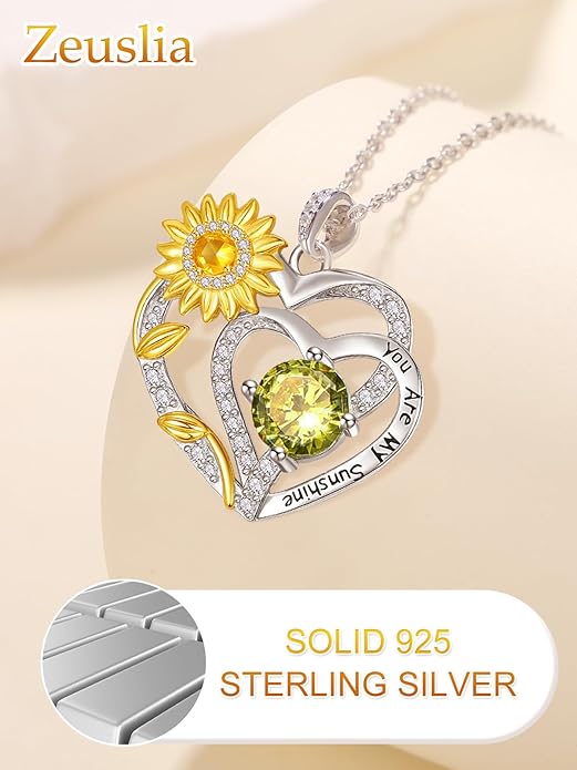 Zeuslia Double Birthstone Necklace Gifts for Wife - 925 Sterling Silver Sunflower/Rose/Crown Cross/Compass/Heart Pendant I Love You Necklace, Anniversary Birthday Gifts for Wife Girlfriend Mom Her