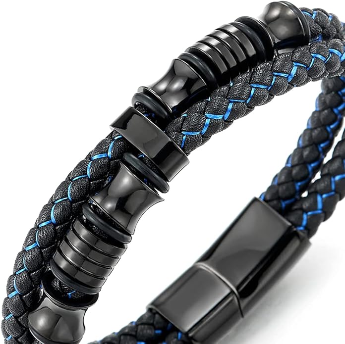 COOLSTEELANDBEYOND Mens Double-Row Braided Leather Bracelet Bangle Wristband with Stainless Steel Ornaments
