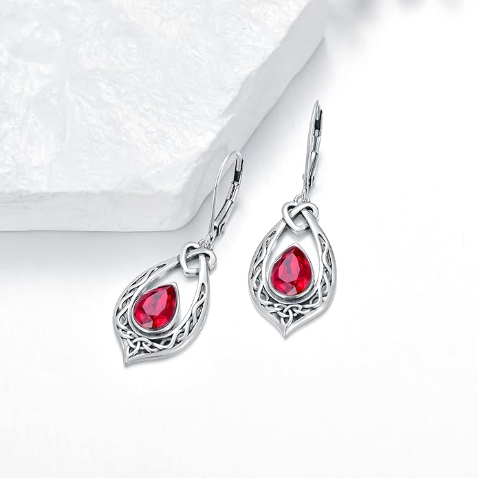 Celtic Knot Dangle Earrings 925 Sterling Silver Oxidized Vintage Drop Leverback Earrings with 8 * 6mm Simulated Birthstone Crystal Christmas Jewelry Gifts for Women (Gift Box)