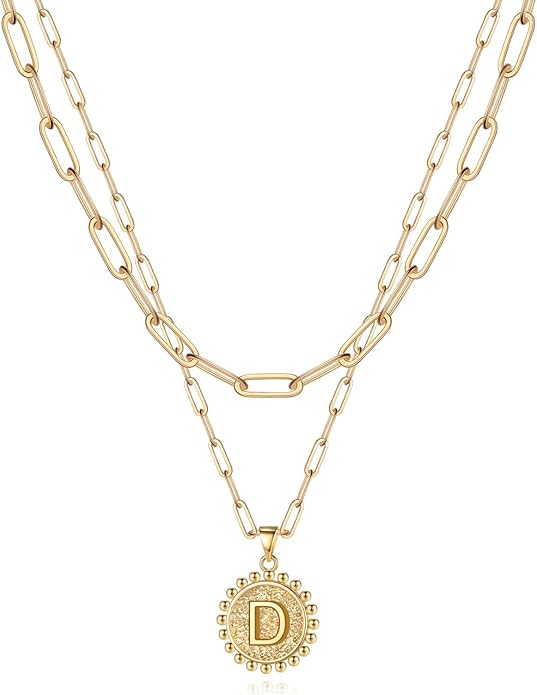 Yoosteel Gold Initial Necklaces for Women, 14K Gold Plated Dainty Layering Paperclip Link Chain Necklace Coin Initial Layered Necklaces for Women Personalized Birthday Gifts
