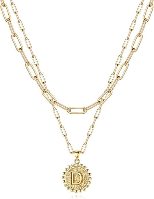 Yoosteel Gold Initial Necklaces for Women, 14K Gold Plated Dainty Layering Paperclip Link Chain Necklace Coin Initial Layered Necklaces for Women Personalized Birthday Gifts